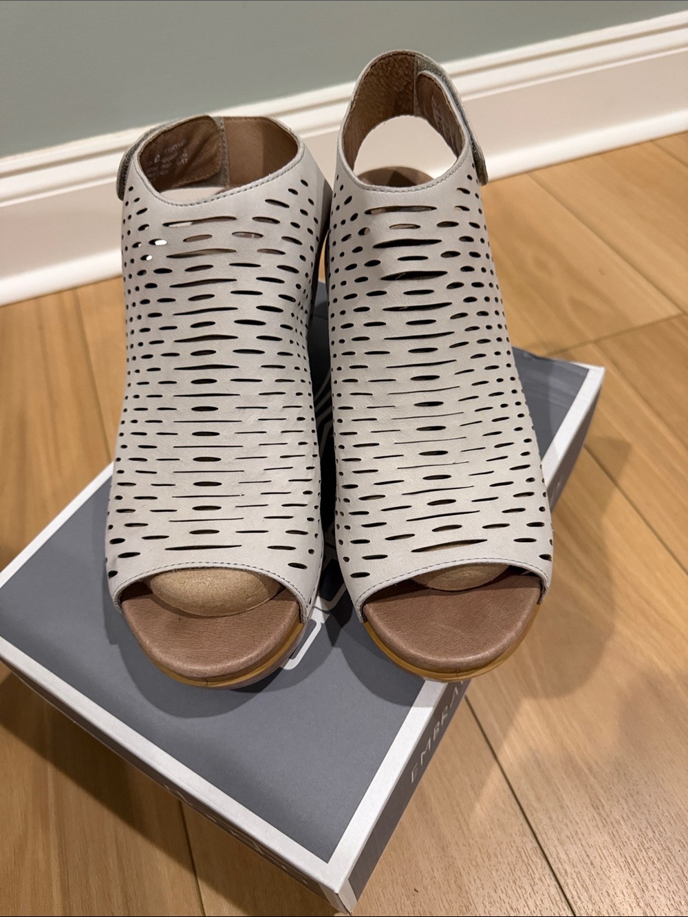 Dansko Gray Suede Perforated Peep-Toe Wedge Sandals